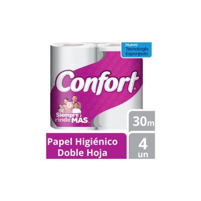 PAPEL HIGIÉNICO BAJO METRAJE HOJA DOBLE 4 ROLLOS 30 MTS CONFORT1