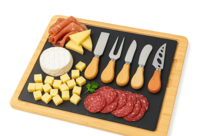 Pack Aperitivo – Tabla de madera con piedra + Set de cubiertos para quesos