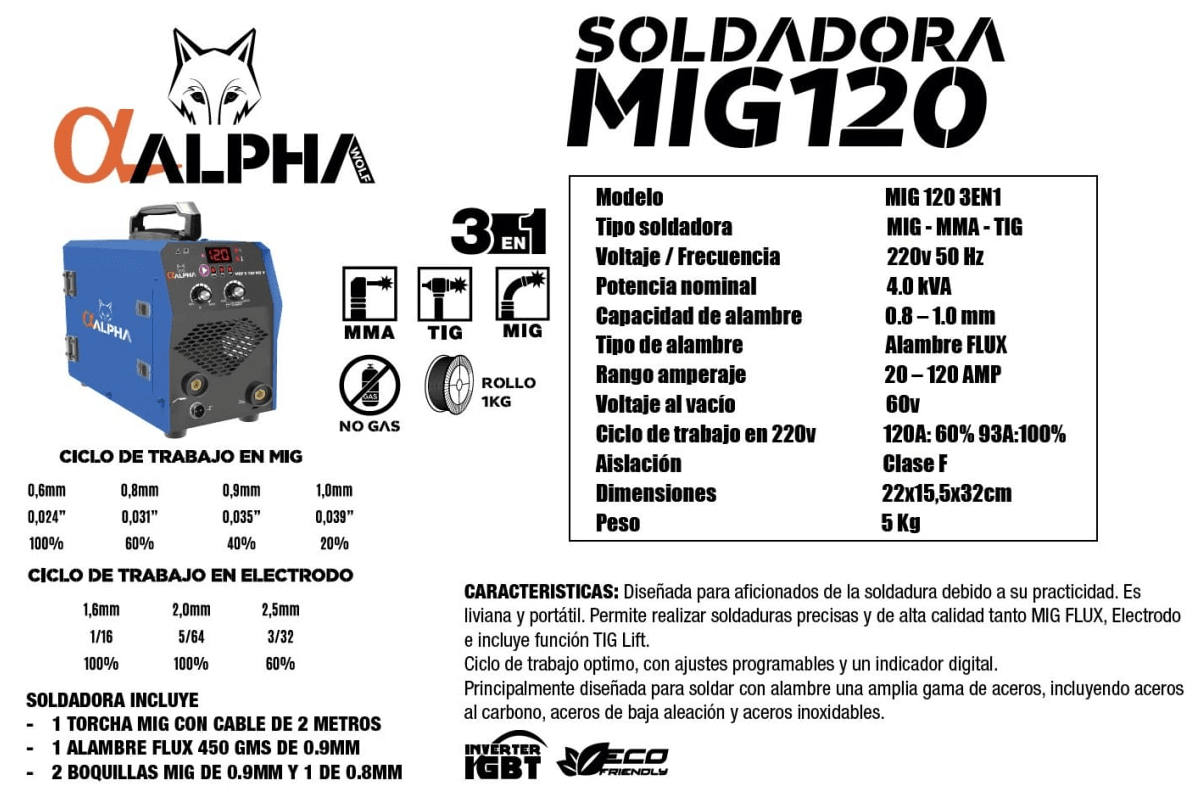 Soldadora AlphaPro Mma Mig Tig 120Amp | MEF 5120 M2 Y3