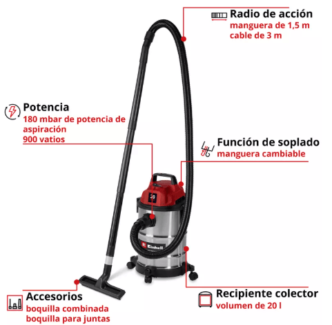 Aspiradora Electrica Einhell 20 Litros 1250w Metalica | TC-VC 2045 S2