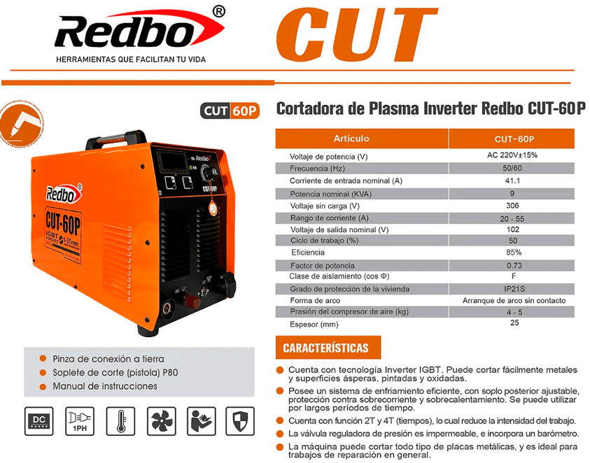 Cortadora de Plasma Redbo 1-25mm Compresor Incorporado CUT-60P | A00544