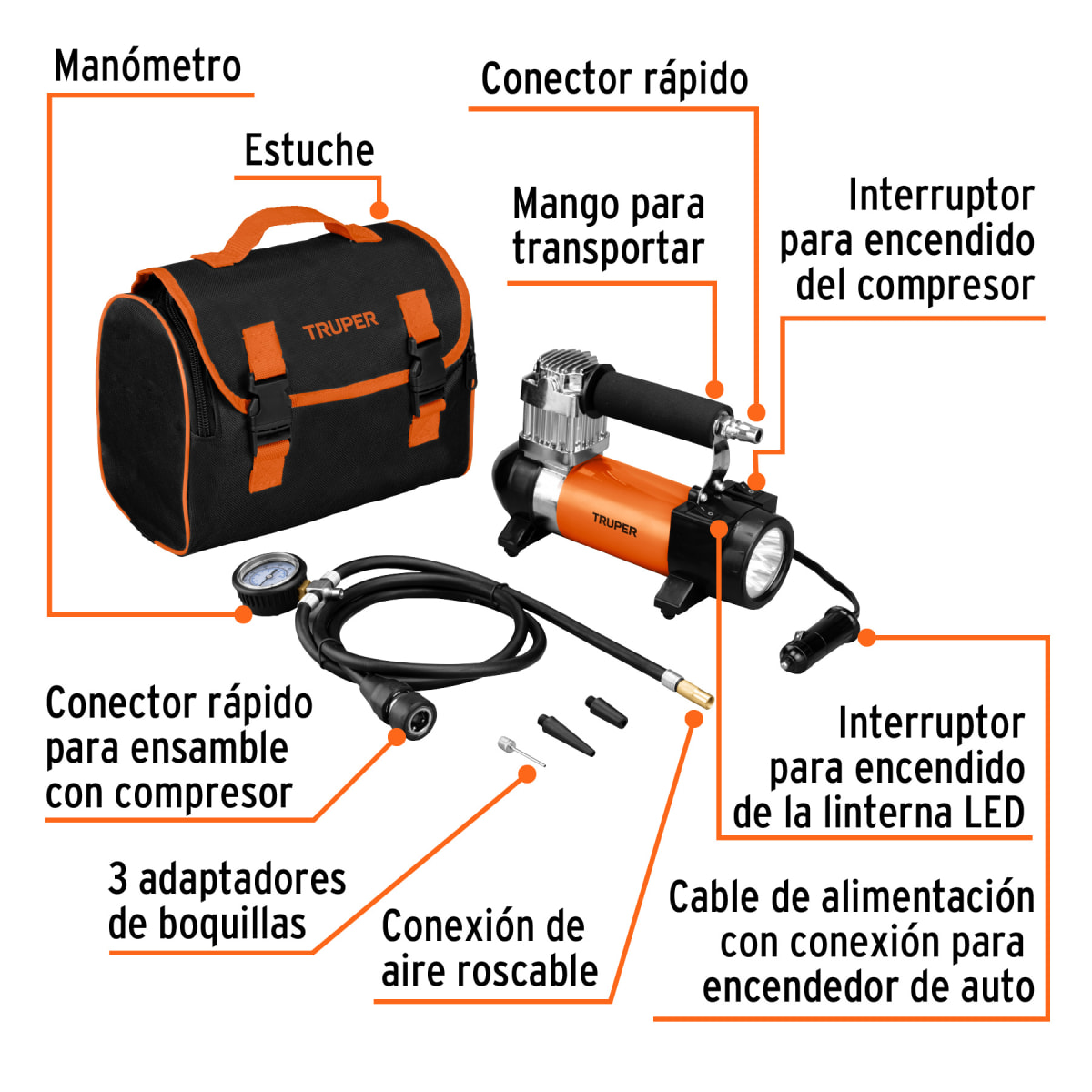 Compresor De Aire Truper Auto 12v Con Linterna | COMP-122