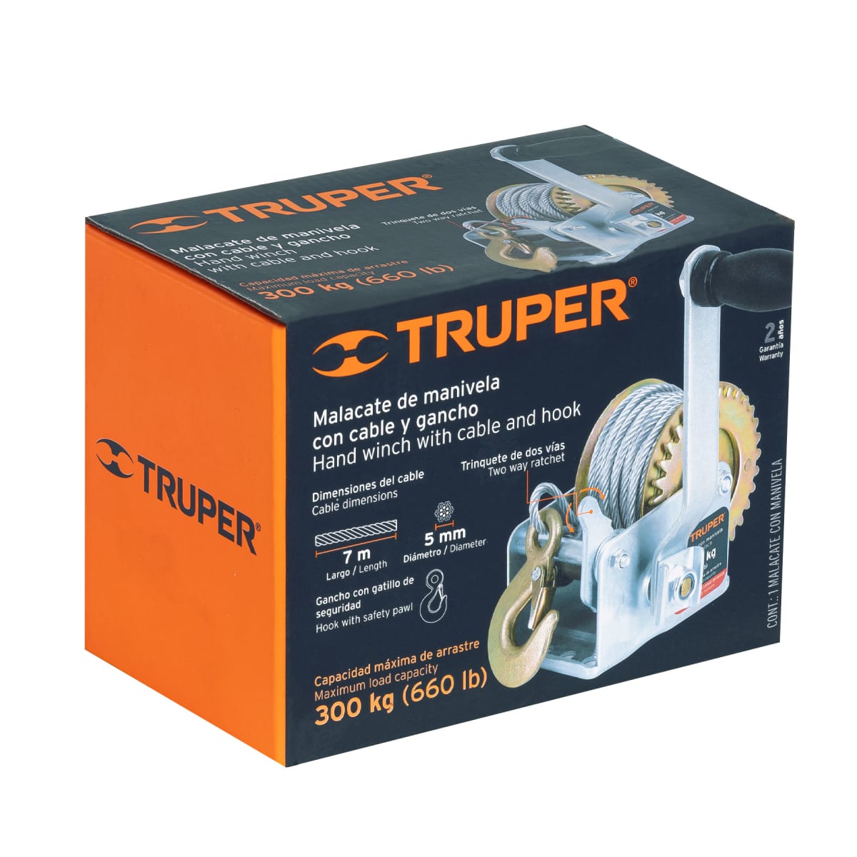Malacate de Manivela Truper con cable y gancho 300Kg | MAW-27C2