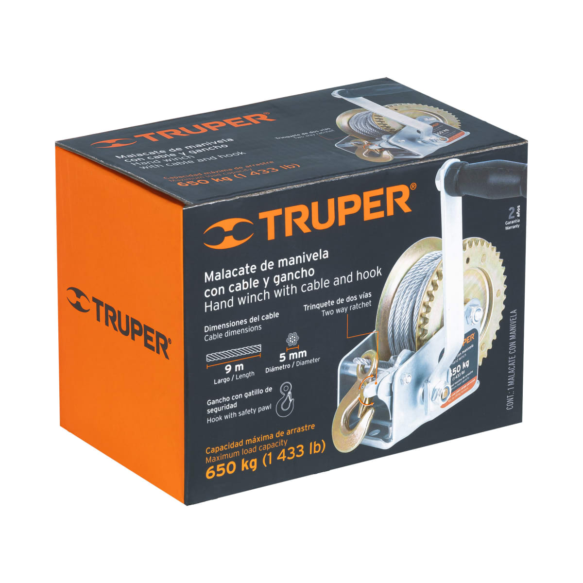 Malacate de Manivela Truper con cable y gancho 650Kg | MAW-54C2