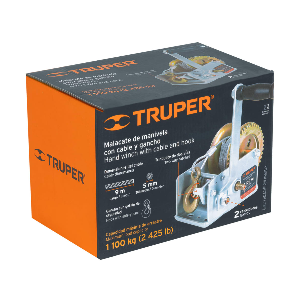 Malacate de Manivela Truper con cable y gancho 1100Kg | MAW-91C2