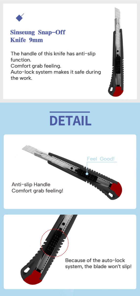 CUCHILLO CORTANTE CUTTER DE PLASTICO ABS HOJA DE 9 MM, S502, SINSEUNG KOREA4