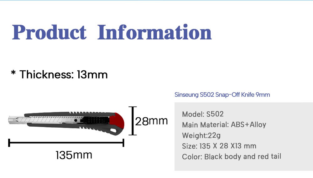 CUCHILLO CORTANTE CUTTER DE PLASTICO ABS HOJA DE 9 MM, S502, SINSEUNG KOREA5