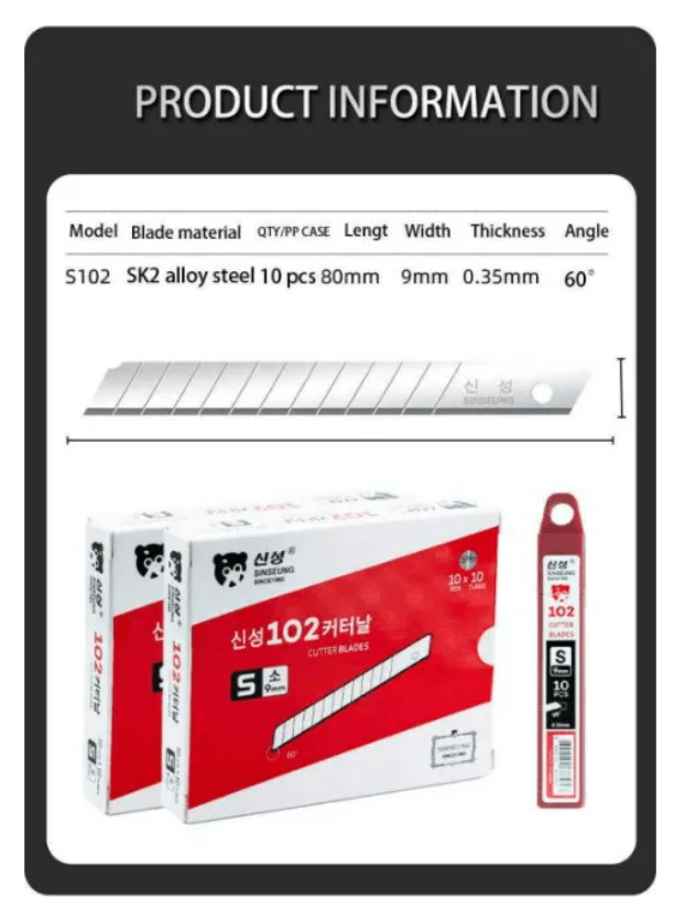 REPUESTOS CUCHILLO CORTANTE CUTTER 60° HOJA DE 9MM PACK DE 10UN S102, SINSEUNG KOREA5