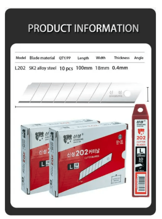 PEPUESTOS CUCHILLO CORTANTE CUTTER HEAVY DUTY 60° DE 18 MM PACK 10UN, L202 SINSEUNG KOREA7