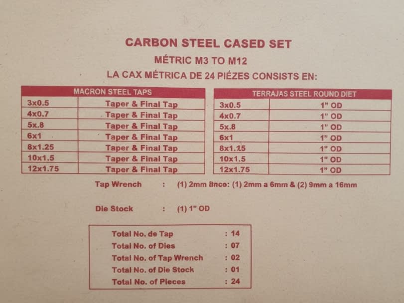Juego De Machos Y Dados M3 - M12 Metricos3