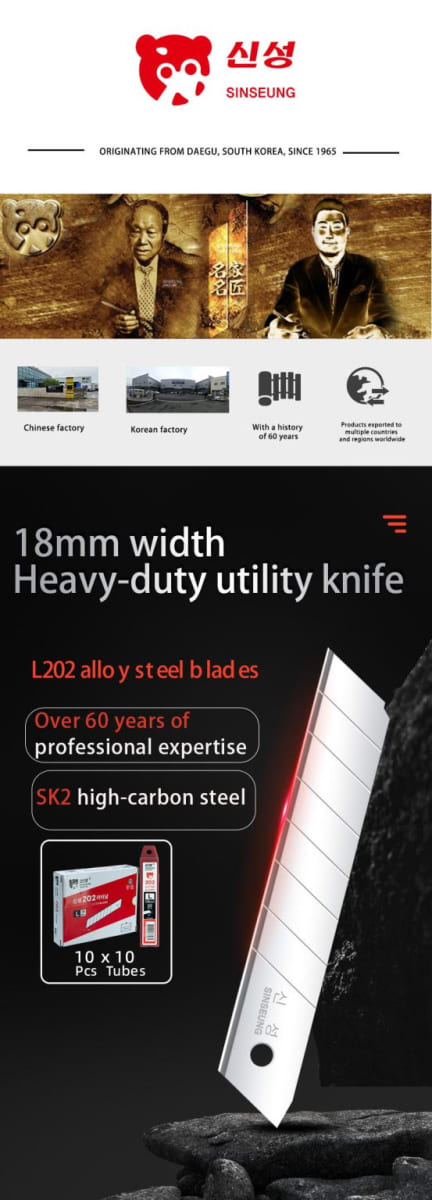 PEPUESTOS CUCHILLO CORTANTE CUTTER HEAVY DUTY 60° DE 18 MM PACK 10UN, L202 SINSEUNG KOREA5