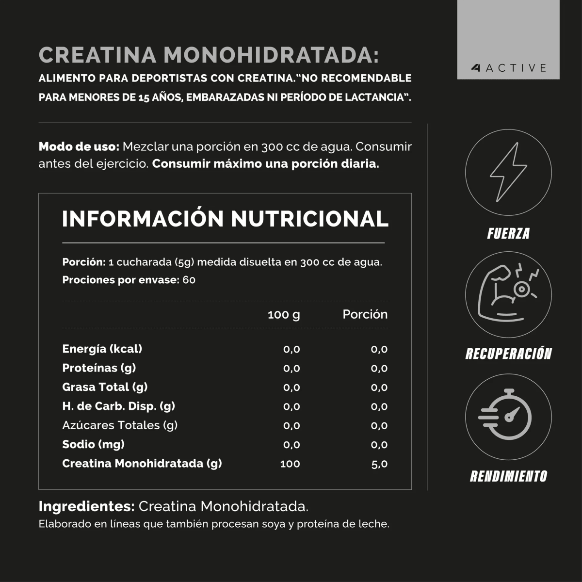 4A PURE CREATINE MONOHYDRATE - 300 G/60 servicios2