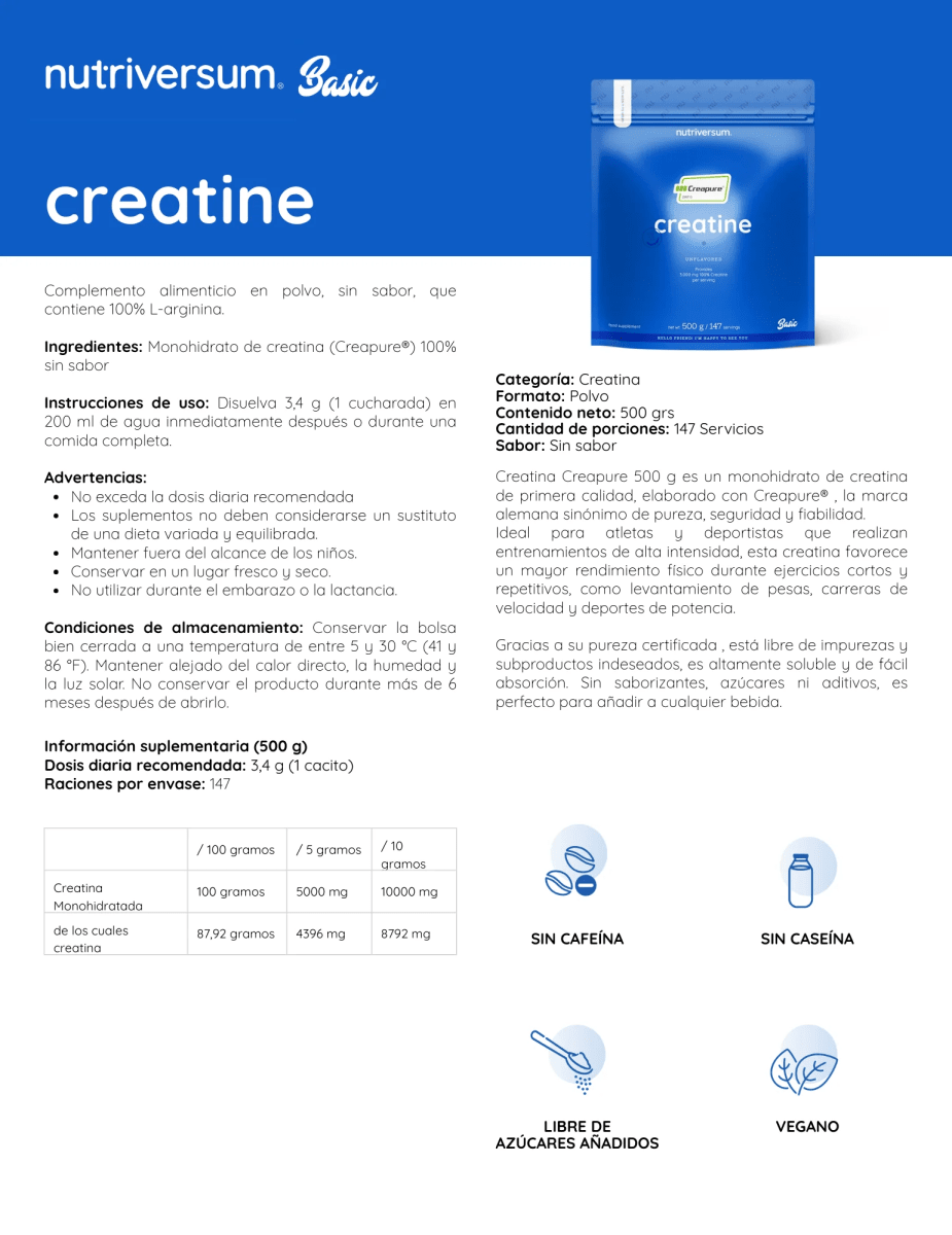 NV BASIC CREAPURE CREATINE SIN SABOR 147 SRV 500 g2