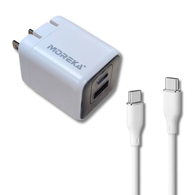 Cargador 40W 5V- 3A puertos PD20W & QC3.0 20W Clavija plegable cable tipo C -C Moreka  AC113