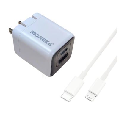 Cargador 40W 5V- 3A puertos PD20W & QC3.0 20W Clavija plegable cable Tipo IP - C Moreka  AC114