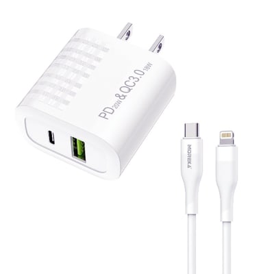 Turbo Cargador Moreka AC107 40W 2 salidas USB y C Cable tipo IP 1M