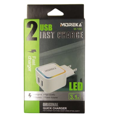 Cargador Moreka M-168,  3.1 A, 2 Usb V8, Solo Cubo, Led6