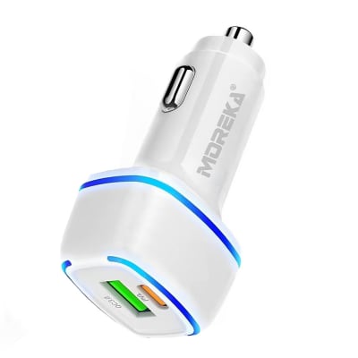 Turbo Cargador De Carro 45W Moreka CP009 Plug In puertos USB y C