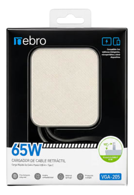 Cargador Retráctil Nebro VGA-205 65W Doble USB-C y USB-A Cable Integrado de 3 Puertos GaN Carga Rápida Pasadores Plegables 90°1