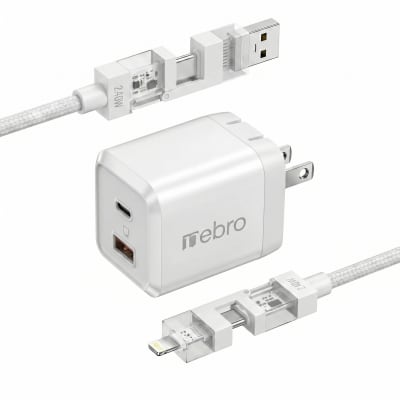 CARGADOR NEBRO TRENZADO VGA-206 70W GaN CUBO  CON SALIDA C Y USB- CABLE 4 EN 1 TRASPARENTE3