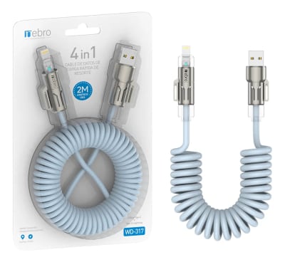 Cable METAL SILICONA NEBRO WD-317 4 EN 1 DE 27W Carga Rápida PD USB-C Lightning Micro USB 2 MTS SALIDA 4.0 A1