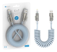 Cable METAL SILICONA NEBRO WD-317 4 EN 1 DE 27W Carga Rápida PD USB-C Lightning Micro USB 2 MTS SALIDA 4.0 A