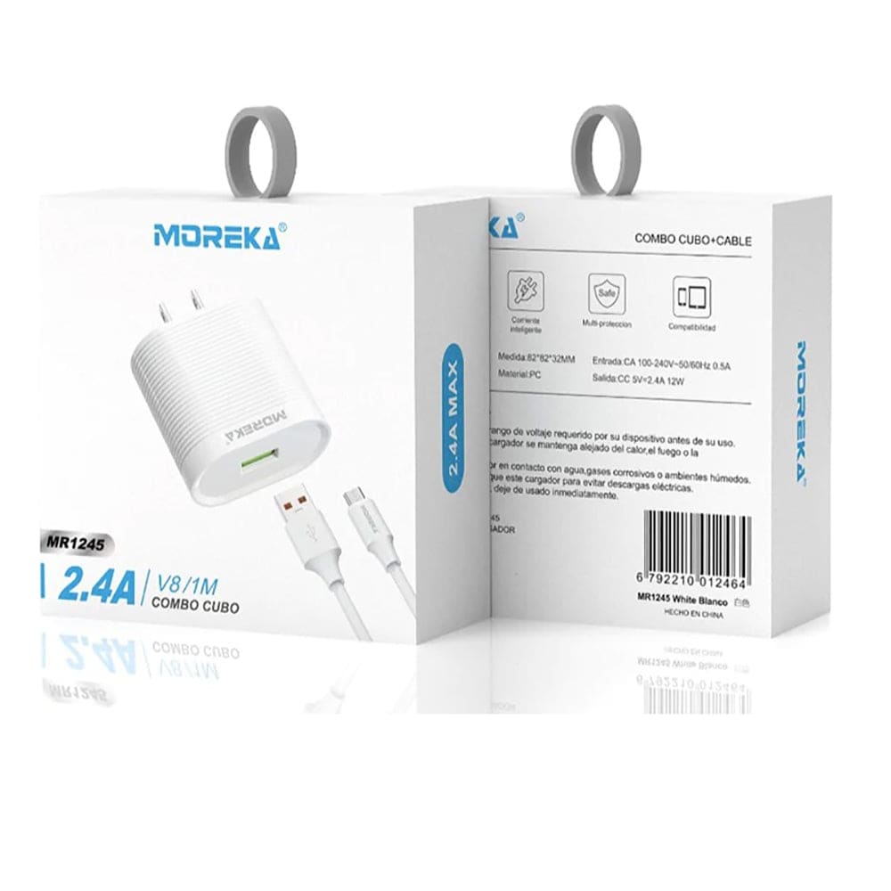 Cargador Moreka MR1245 2.4A Puerto USB incluye Cable Micro USB 1M2