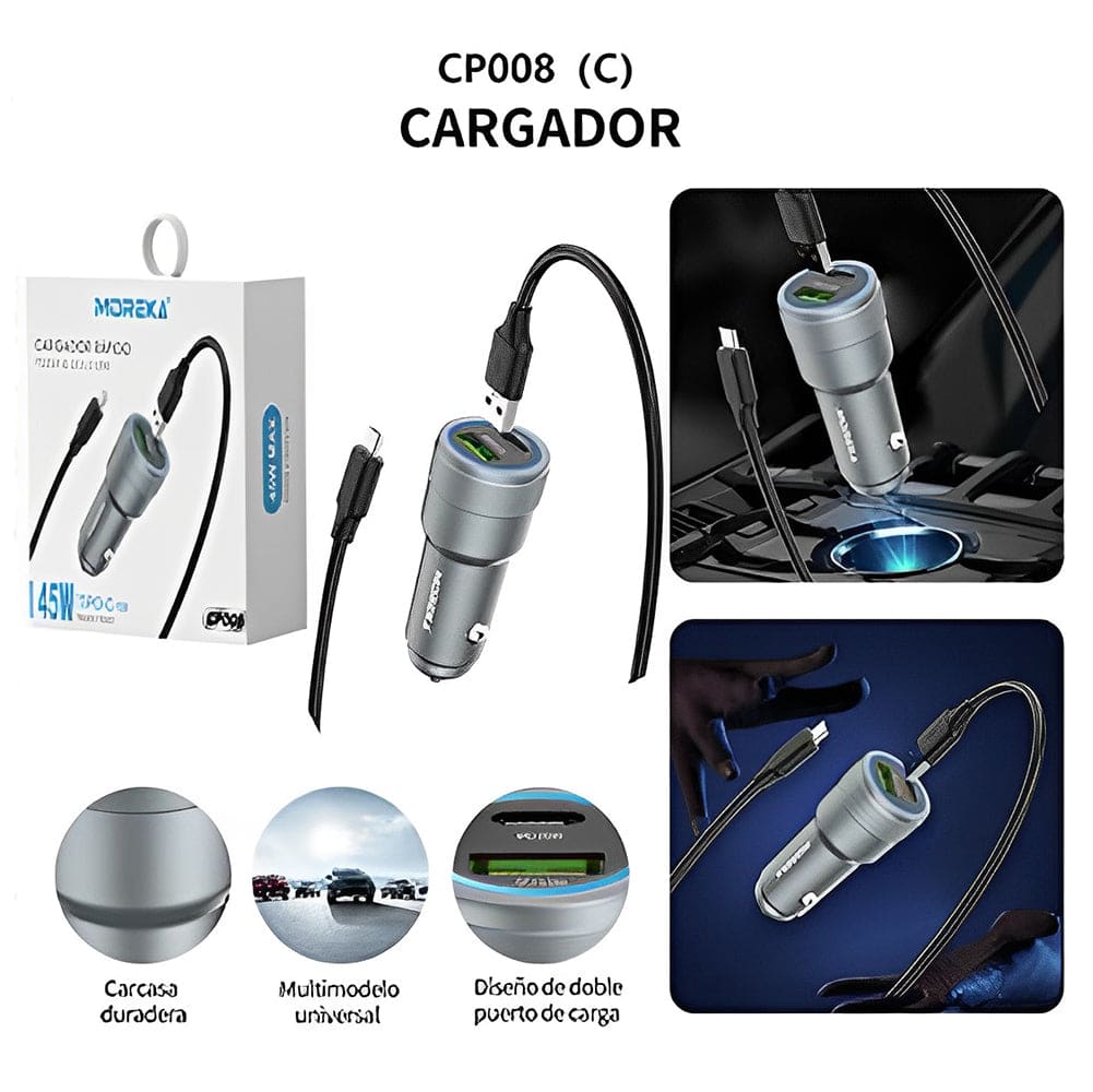 Cargador De Carro Moreka CP008 Plug In 45W USB y Tipo C9