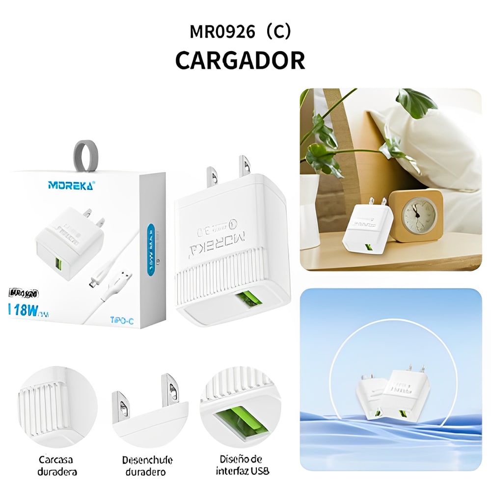 Cargador Tipo C Moreka MR0926 18W Incluye Cable tipo C2
