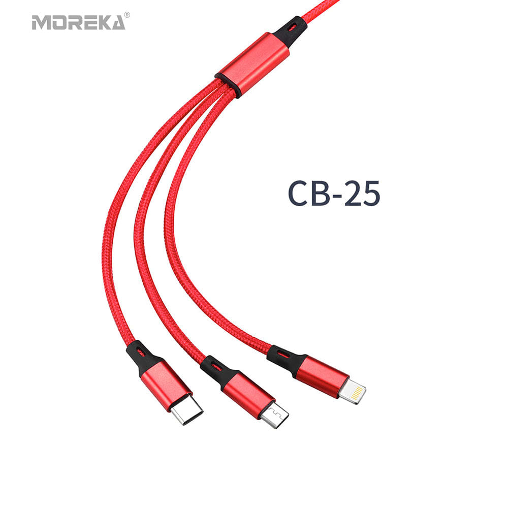 Cable 3 en 1 Moreka CB-25, 3.1 A y Datos, 1.2 M, Lightning, Tipo C, V85