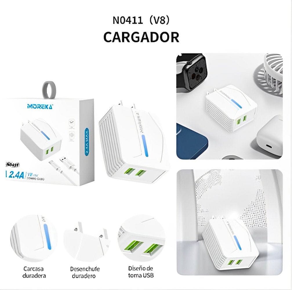 Cargador Moreka N0411 2.4A 2 USB incluye Cable V8 1M2
