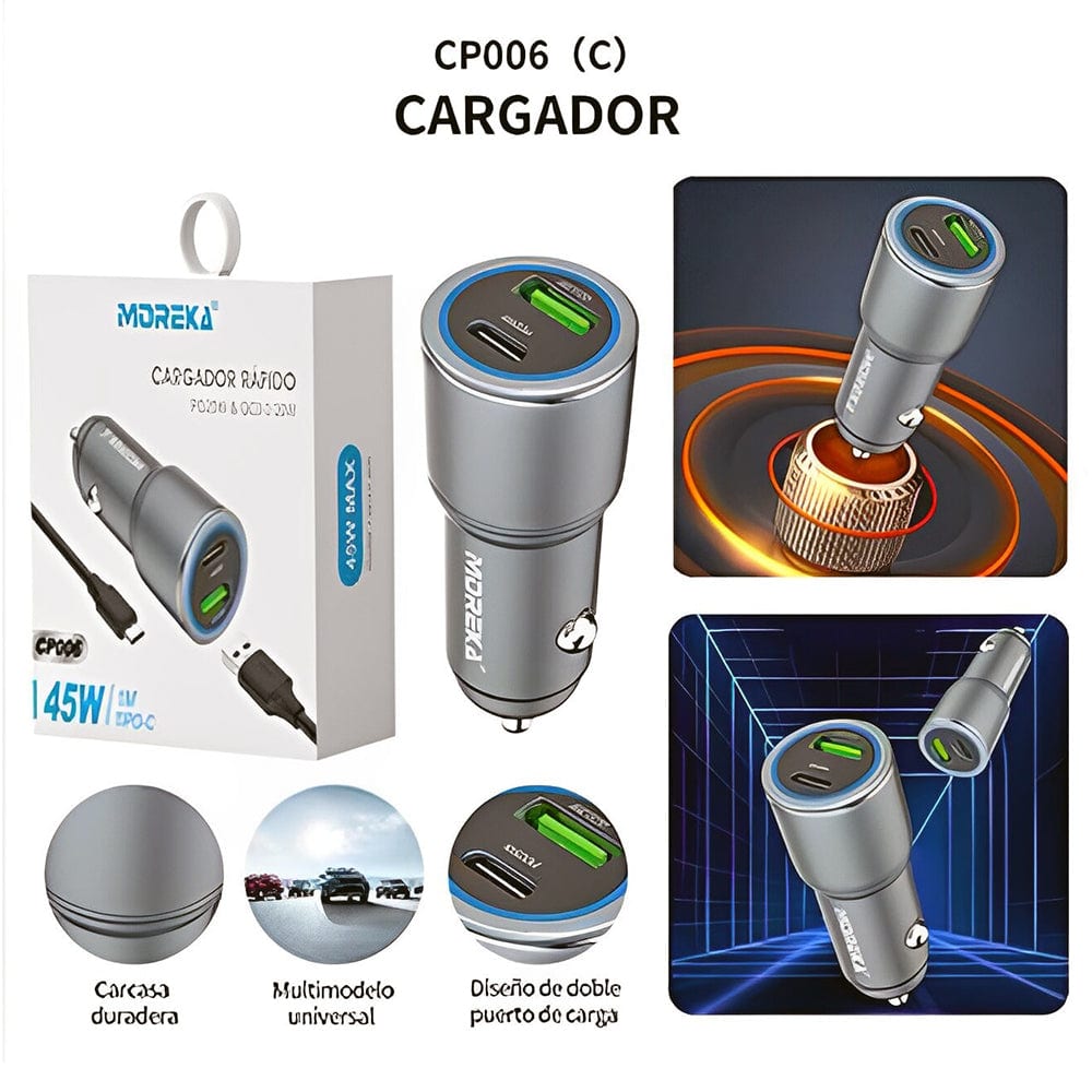 Turbo Cargador De Carro 45W  2 PD25W, QC3.0 20W  Cable 1M Moreka CP00682