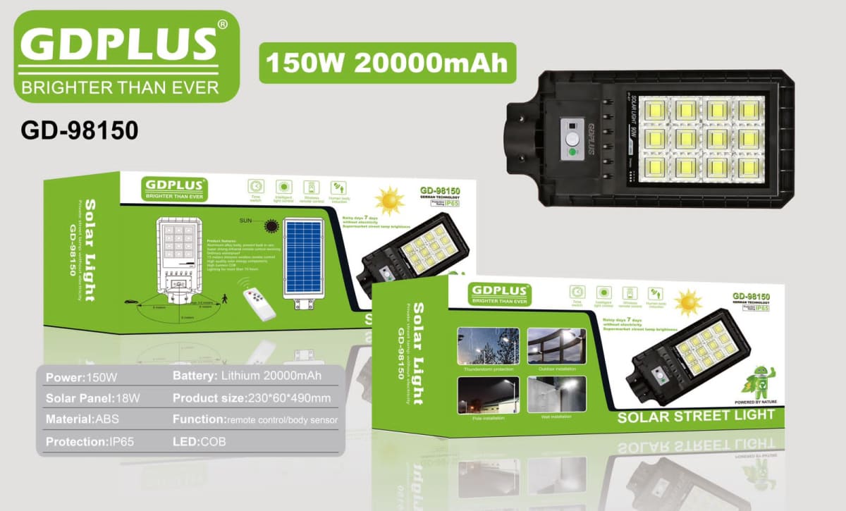 Luminaria Suburbana Alumbrado Publico Solar 150W con Sensor Movimiento GD-981503