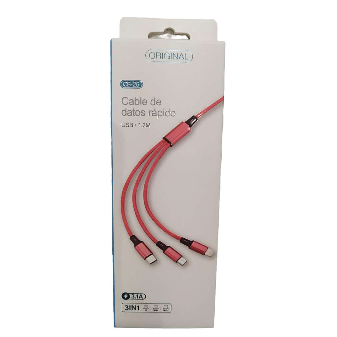 Cable 3 en 1 Moreka CB-25, 3.1 A y Datos, 1.2 M, Lightning, Tipo C, V86