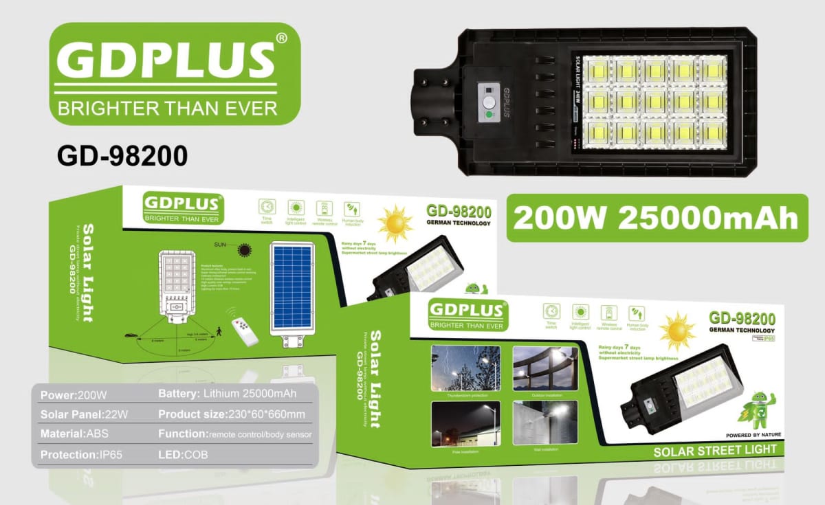 Luminaria Suburbana Alumbrado Publico Solar 200W con Sensor Movimiento GD-982003