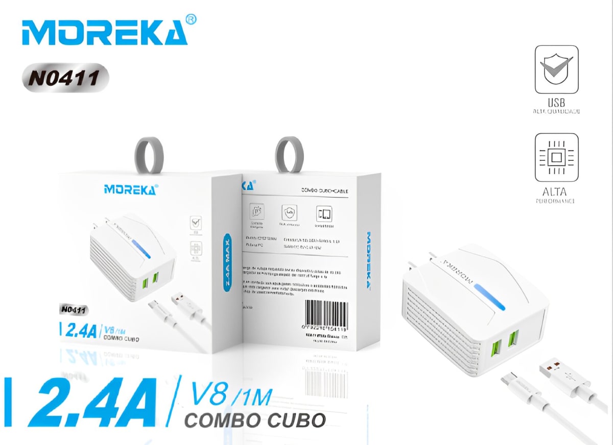 Cargador Moreka N0411 2.4A 2 USB incluye Cable V8 1M3