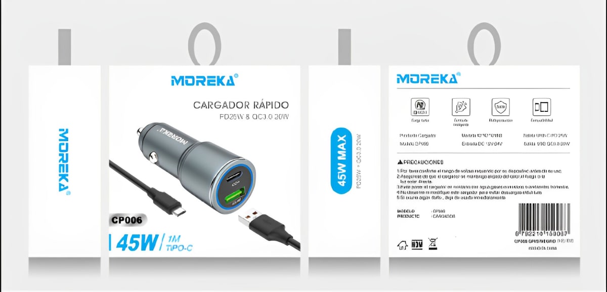 Turbo Cargador De Carro 45W  2 PD25W, QC3.0 20W  Cable 1M Moreka CP00683