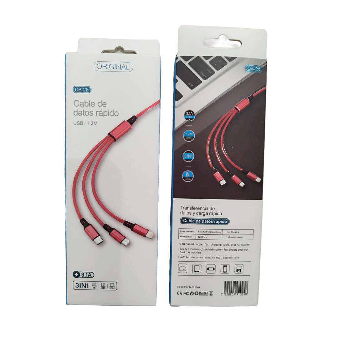 Cable 3 en 1 Moreka CB-25, 3.1 A y Datos, 1.2 M, Lightning, Tipo C, V87