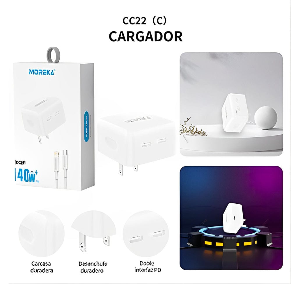 Turbo Cargador 40W Moreka CC22 doble puerto C Cable tipo C 1M5