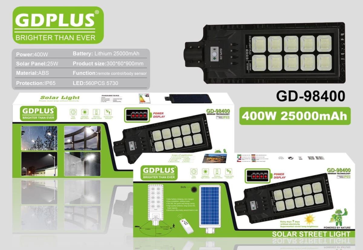 Luminaria Suburbana Alumbrado Publico Solar 400W con Sensor Movimiento GD-984006