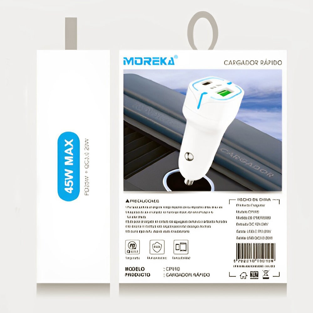 Cargador De Carro Moreka CP010 PlugIn 45W puertos USB y C6