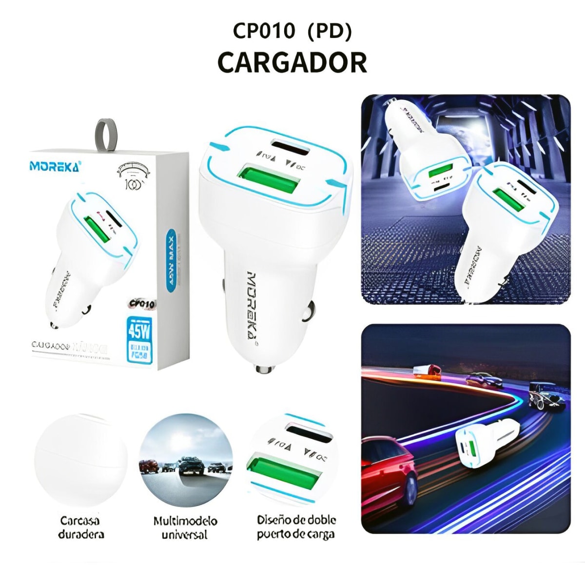 Cargador De Carro Moreka CP010 Plug In 45W puertos USB y C7