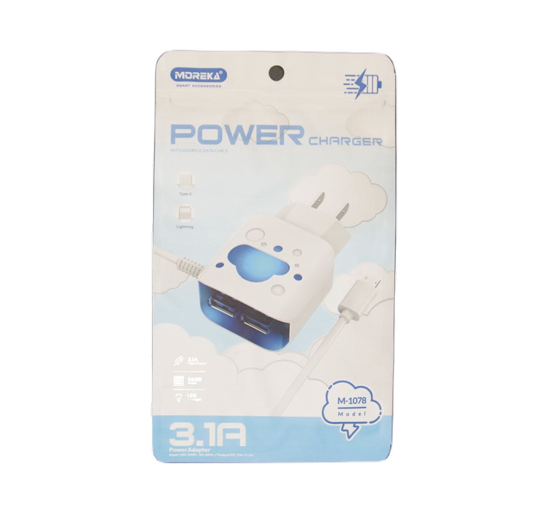 Cargador Moreka M-1078, 3.1 A, 2 Usb Cable Tipo C, Led2