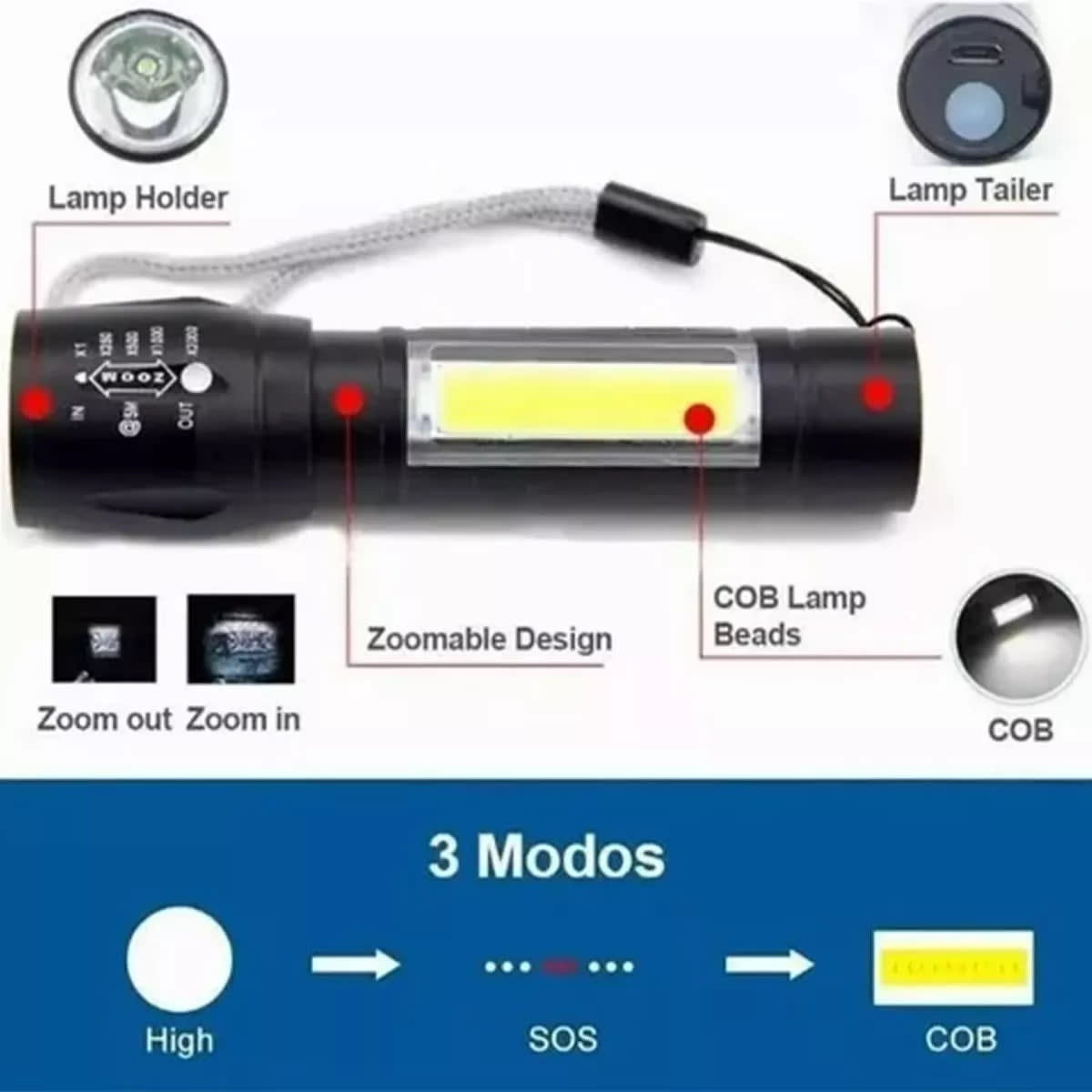 Linterna Moreka SQ-F101, Larga Duración, Metálica, Recargable2