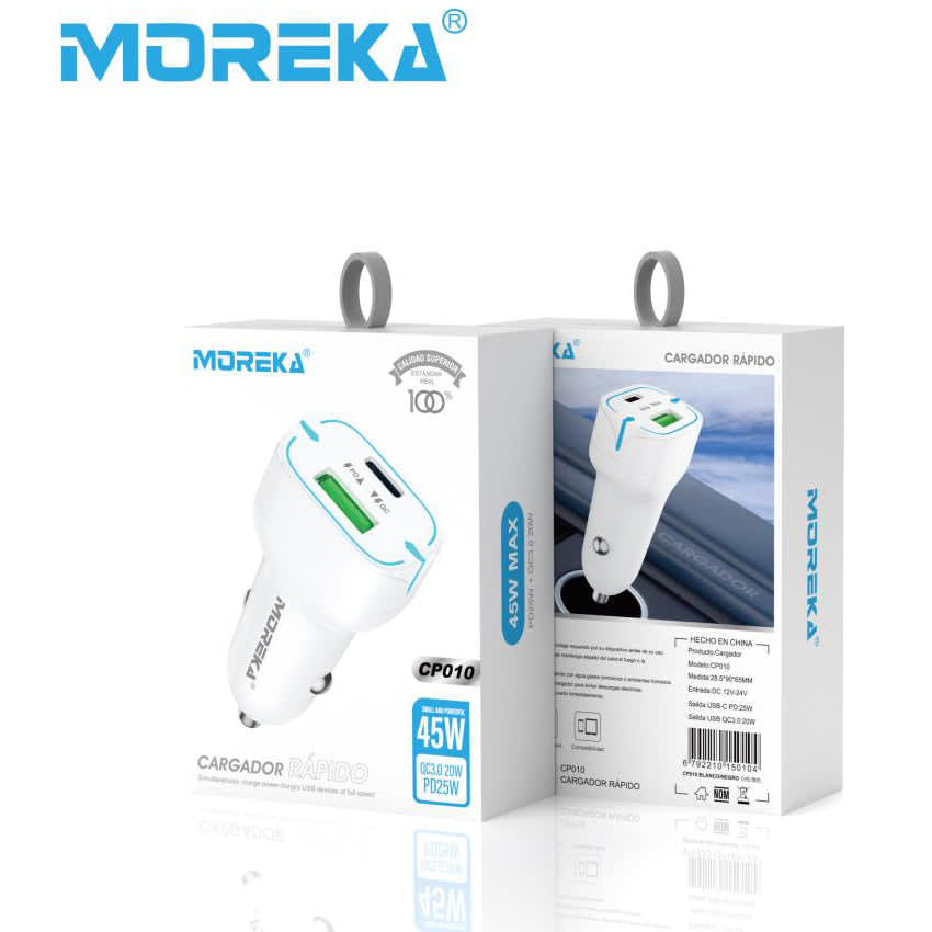 Cargador De Carro Moreka CP010 Plug In 45W puertos USB y C9