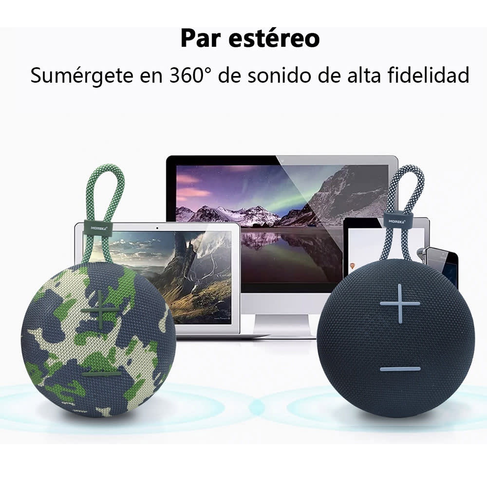 Bocina Bluetooth Moreka 374  Resistente al agua IPX6, Radio FM, USB, Micro SD12