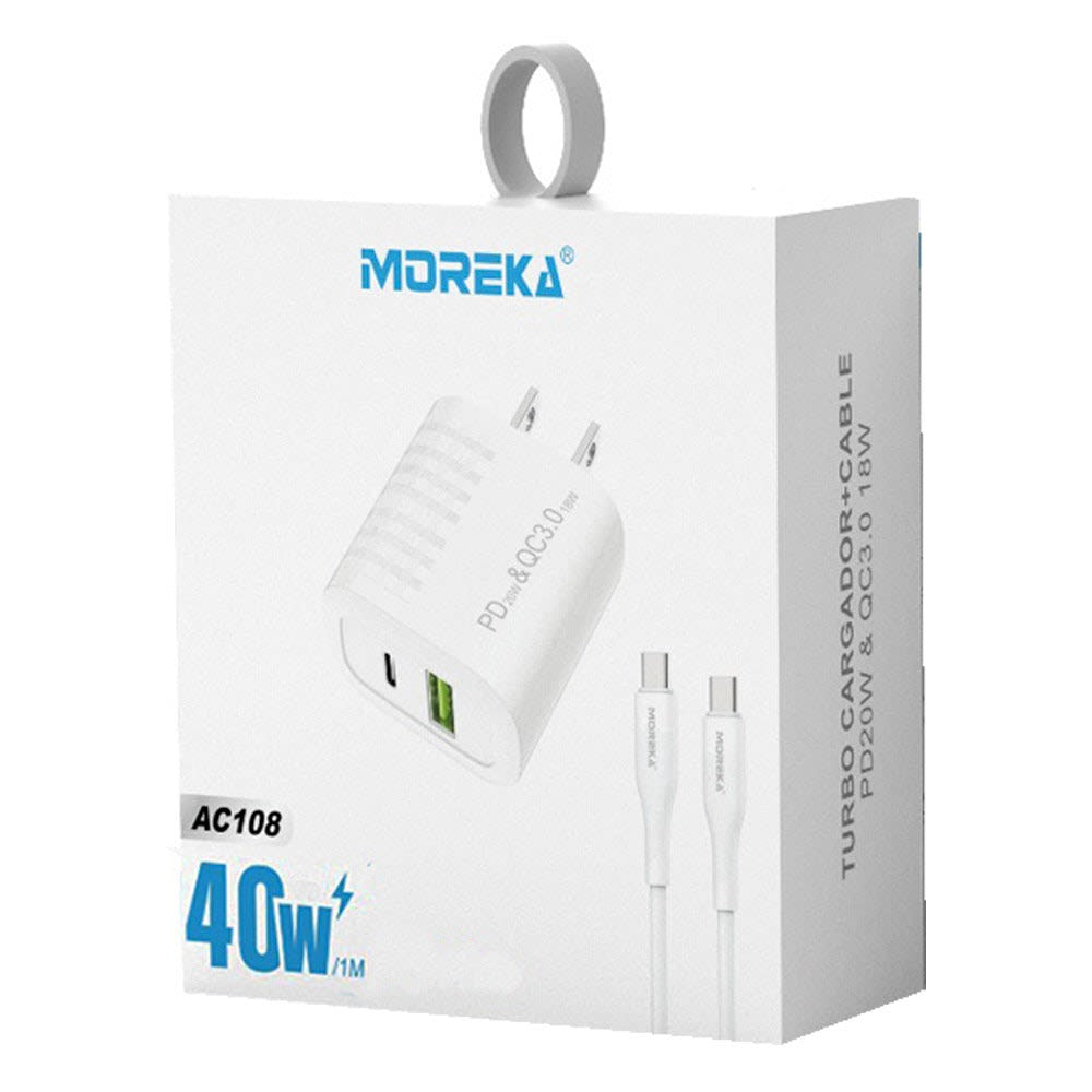 Turbo Cargador 40W Moreka AC108 2 puertos USB y C Cable Tipo C M2