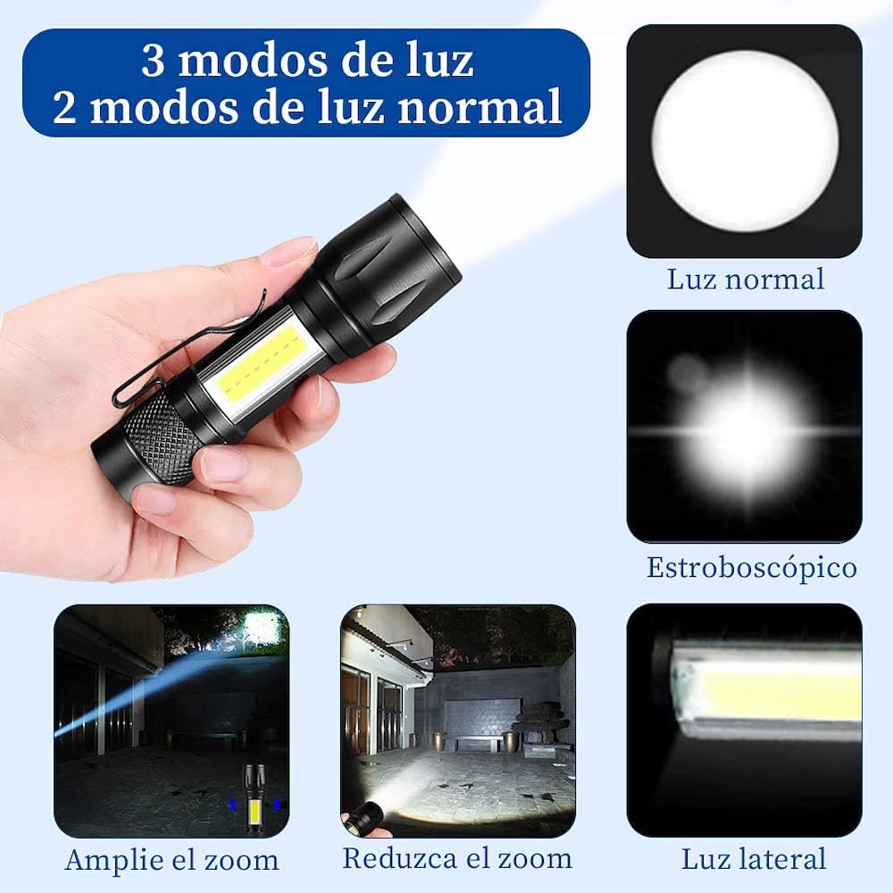 Lampara Táctica Recargable Usb Led 2000l Luz Lateral + Clip Moreka MB-5133
