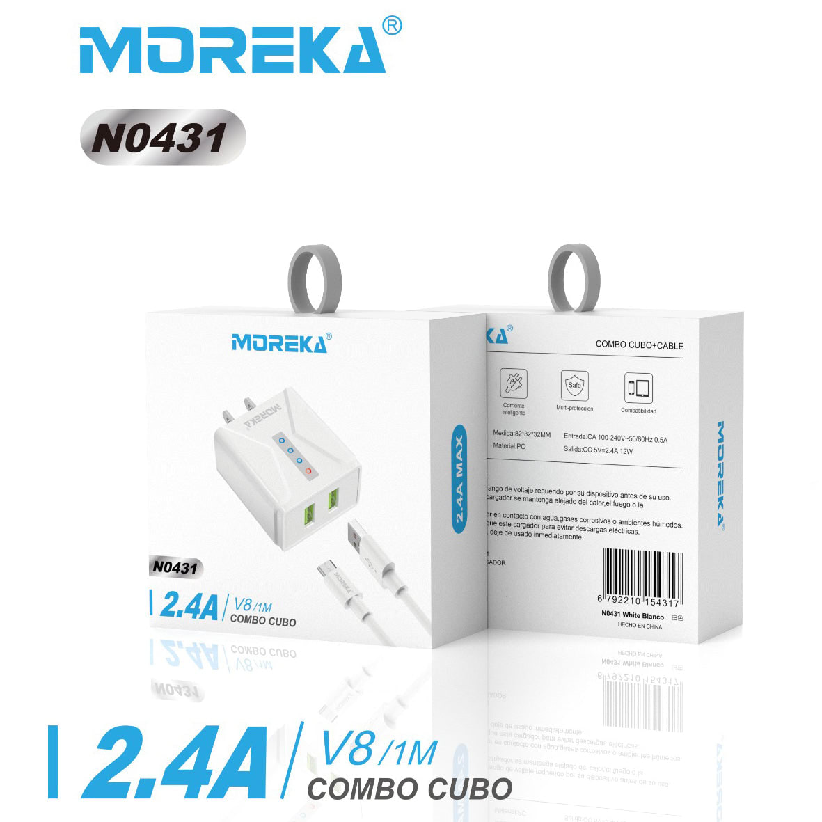 Cargador Moreka N0431 2.4A 2 USB incluye Cable Micro USB 1M2