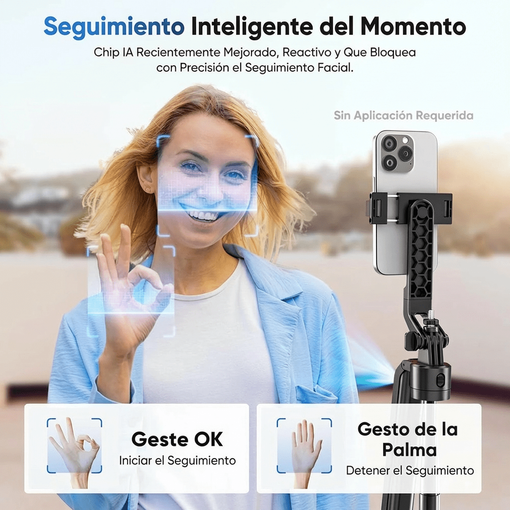 Trípode de seguimiento automático por IA, rotación de 360°, extensible hasta 1.80mts C122